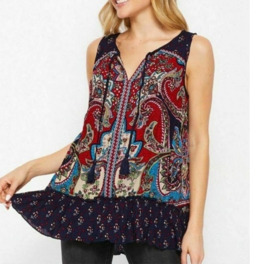 Bila Paisley Ruffle Hem Tunic Top Navy Red Boho Tassel Sleeveless Blouse Small